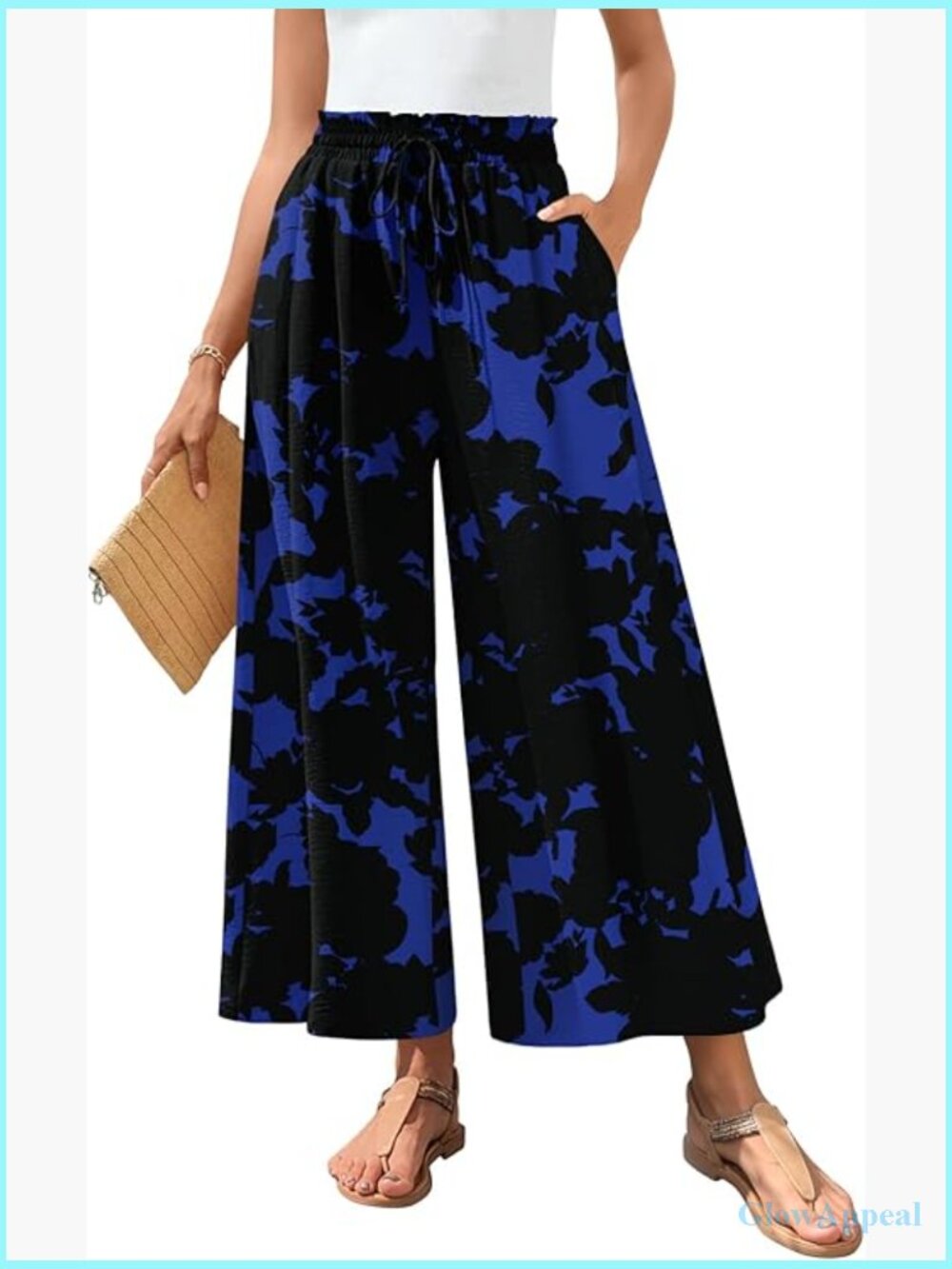 Wide Leg Palazzo Pants Elastic Waist Pockets Flowy Dressy Casual